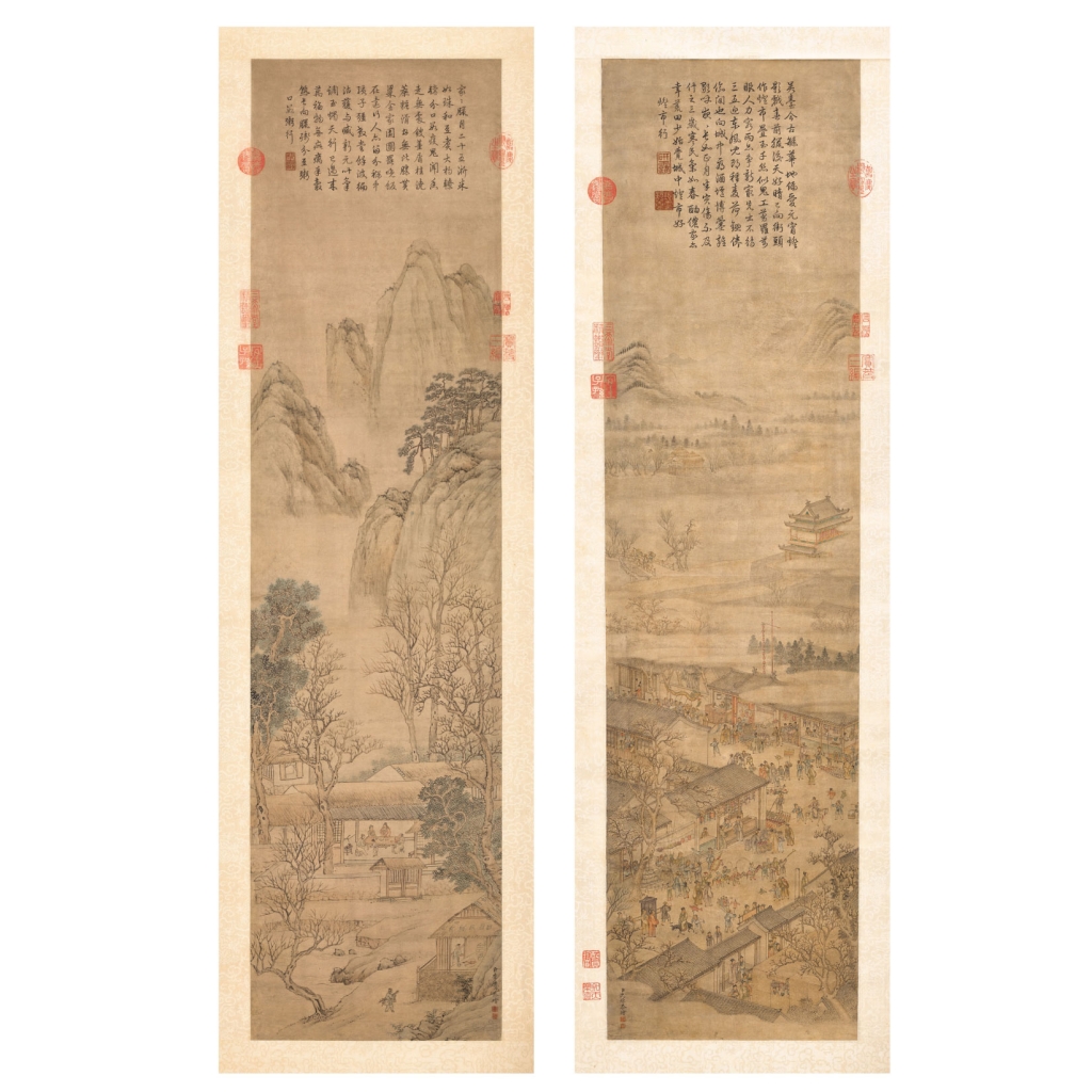 。清宮舊藏《石渠寶笈》著錄之沈源《御題〈燈市行〉詩意圖》、李世倬《御題〈口數粥行〉詩意圖》。（香港蘇富比提供）